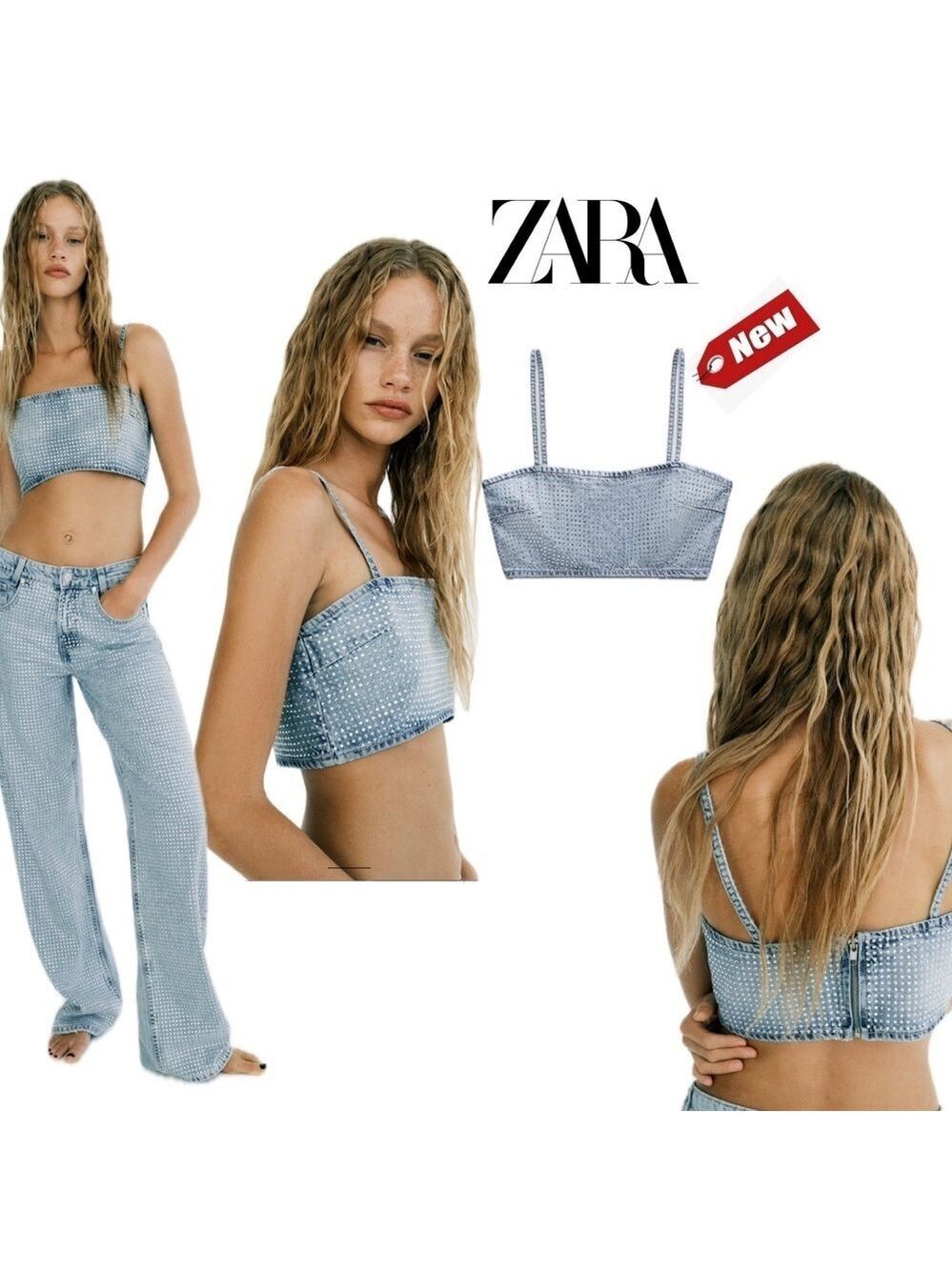 Zara blue denim jean crystal rhinestone embellished crop top spaghetti strap NWT